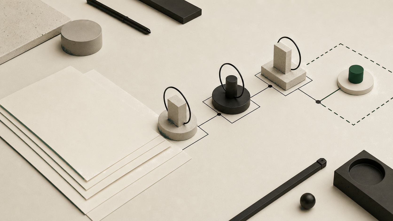 A restrained abstract workbench scene shows checkpoints around an AI product decision object, suggesting where users should trust, review, or ignore model output.